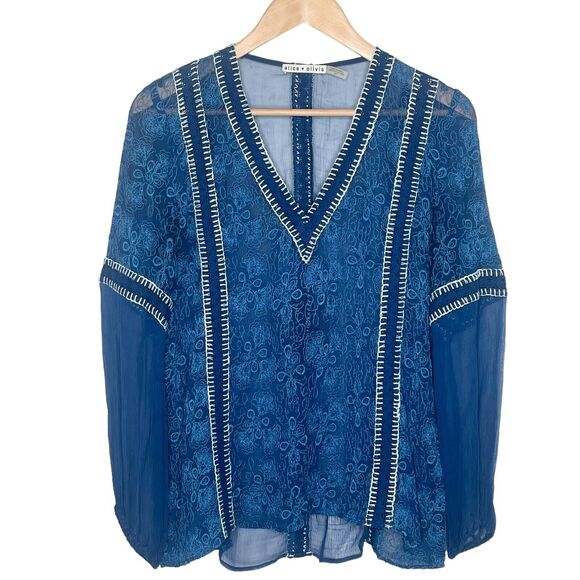 Alice + Olivia Natalya Sheer Embroidered Long Sleeve Blouse Blue Womens Small - Picture 1 of 8